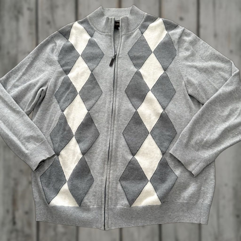 Tasso Elba Tasso Elba Argyle Sweater Mens XL Gray Full-Zip 100% Cotton Lightweight Size US XL / EU 56 / 4 - 1 Thumbnail