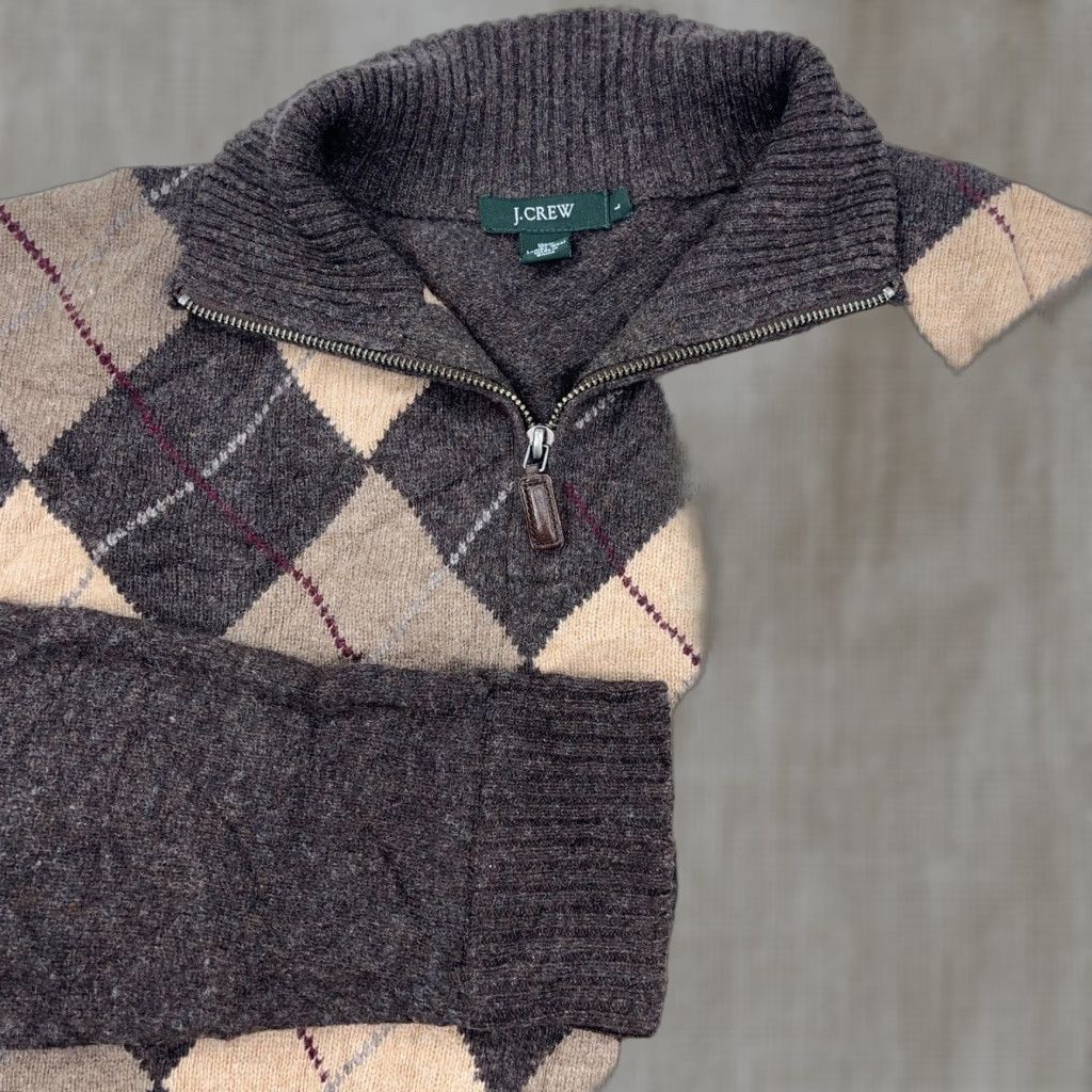 J.Crew J.CREW Sweater Men Large Brown Tan Pullover Wool Knit Diamond 1/4 Zip Size US XL / EU 56 / 4 - 1 Thumbnail