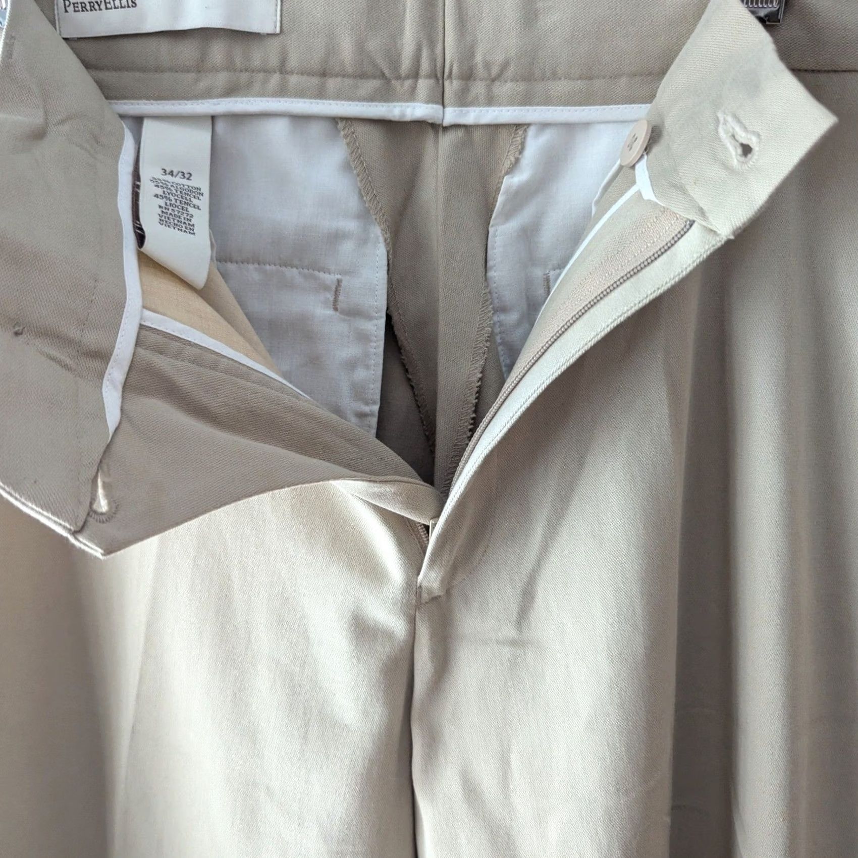 Perry Ellis Perry Ellis Mens Khaki Tan Cotton Lyocell Flat Front Chino Pants Trousers 34x32 Size US 34 / EU 50 - 5 Thumbnail