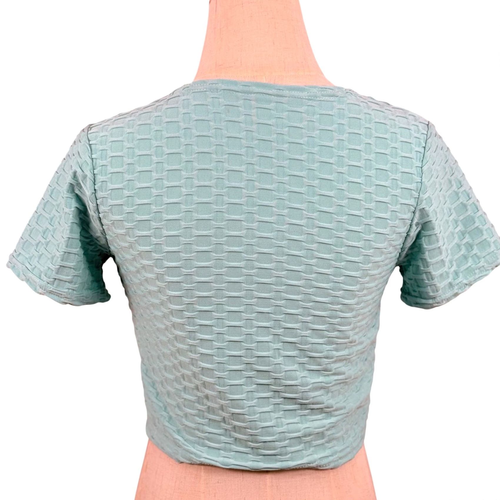 Vintage Honeycomb Bubble Knit Crop Top S/M Texture Ruched Y2K Fairycore Pastel Blue Cotton Blend Slim V-Neck Short Sleeve Cropped Tank Casual Women's Shirt Size S / US 4 / IT 40 - 3 Thumbnail