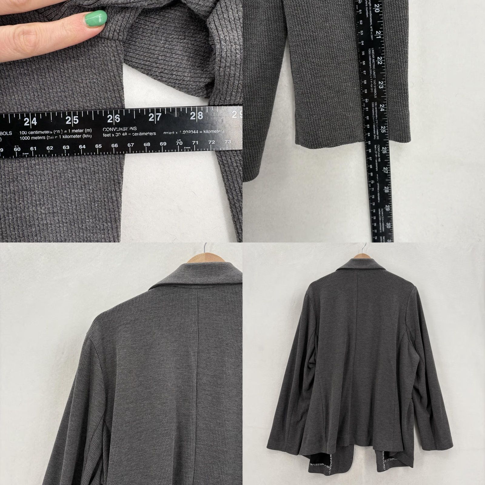 Vintage Skies Are Blue Blazer Jacket Womens 2X Gray Knit Open Front Pockets Plus-Size Curvy 2X Fall Spring Casual Business Women Long Sleeve Size XXL / US 16-18 / IT 52-54 - 8 Thumbnail