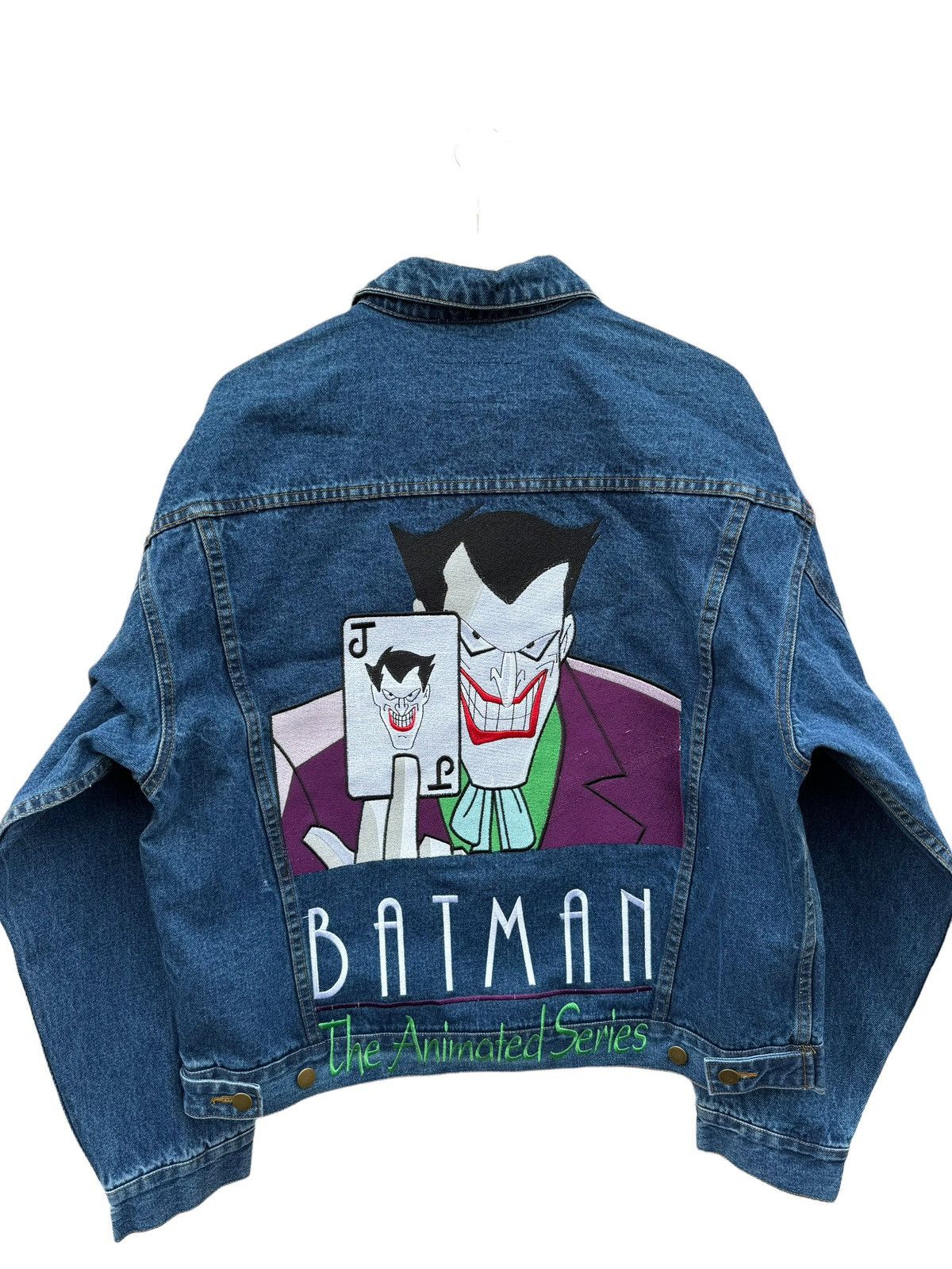 image of Batman Animated Series Joker Denim Jcket X-Men Superman in Blue, Men's (Size XL)