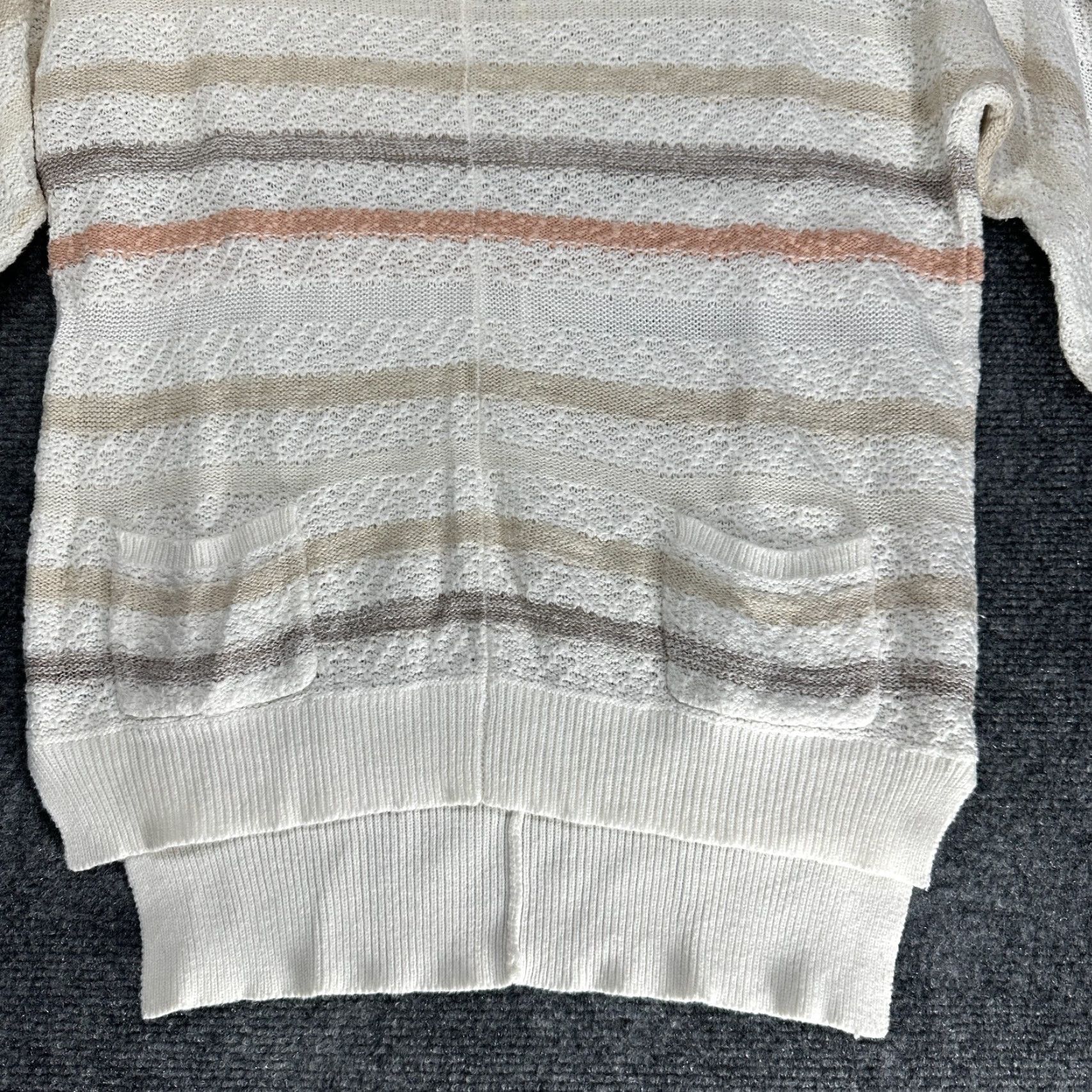 Loft LOFT Sweater Women XS White Striped Open-Knit Pockets Cotton Linen Knit Pullover Round Neck Regular Long Sleeve Vintage: No Size XS / US 0-2 / IT 36-38 - 2 Thumbnail