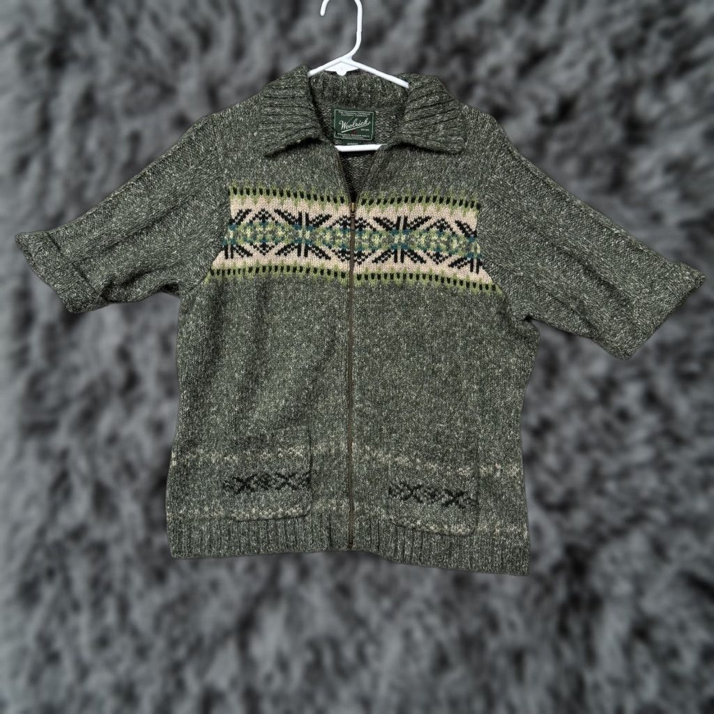 Vintage Woolrich Cardigan Sweater Womens L Green Fair Isle Full Zip Short Sleeve Boho Outdoor Knit Pattern Holiday Fall Wind-Down Size L / US 10 / IT 46 - 1 Thumbnail
