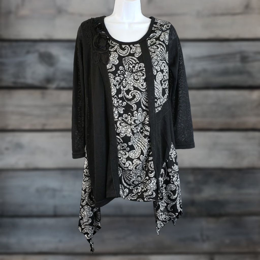 Vintage Pretty Angel Womens Tunic Top XS Black Linen Blend Asymmetrical Hem Floral Blouse | Pullover Long Sleeve Regular Size S Small Ladies Womens Size S / US 4 / IT 40 - 1 Thumbnail