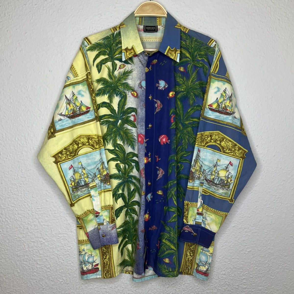 Versace Vintage Shirt Ocean Nautical Ships Full Print 90s
