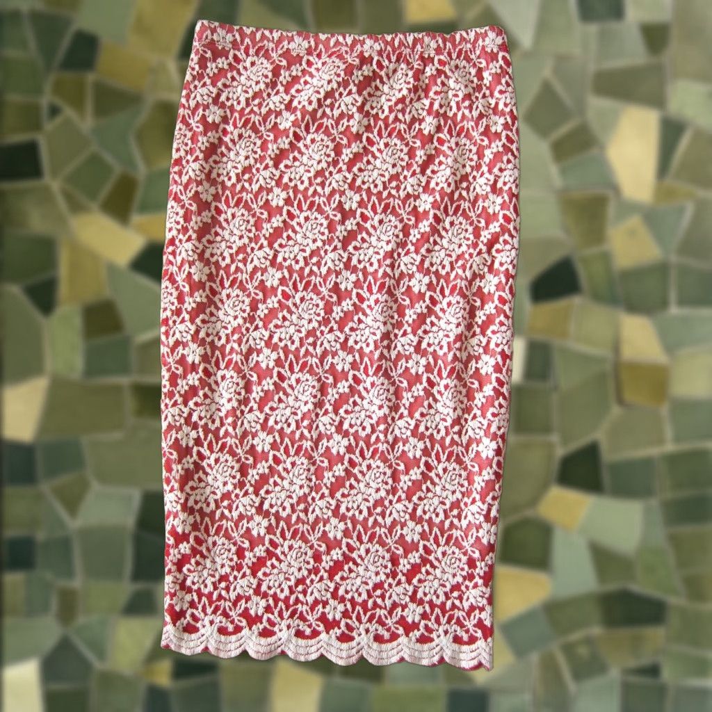 Vintage Bobeau Skirt Small NWT Red White Embroidered Floral Lace Stretch Pencil Size 28" / US 6 / IT 42 - 1 Thumbnail