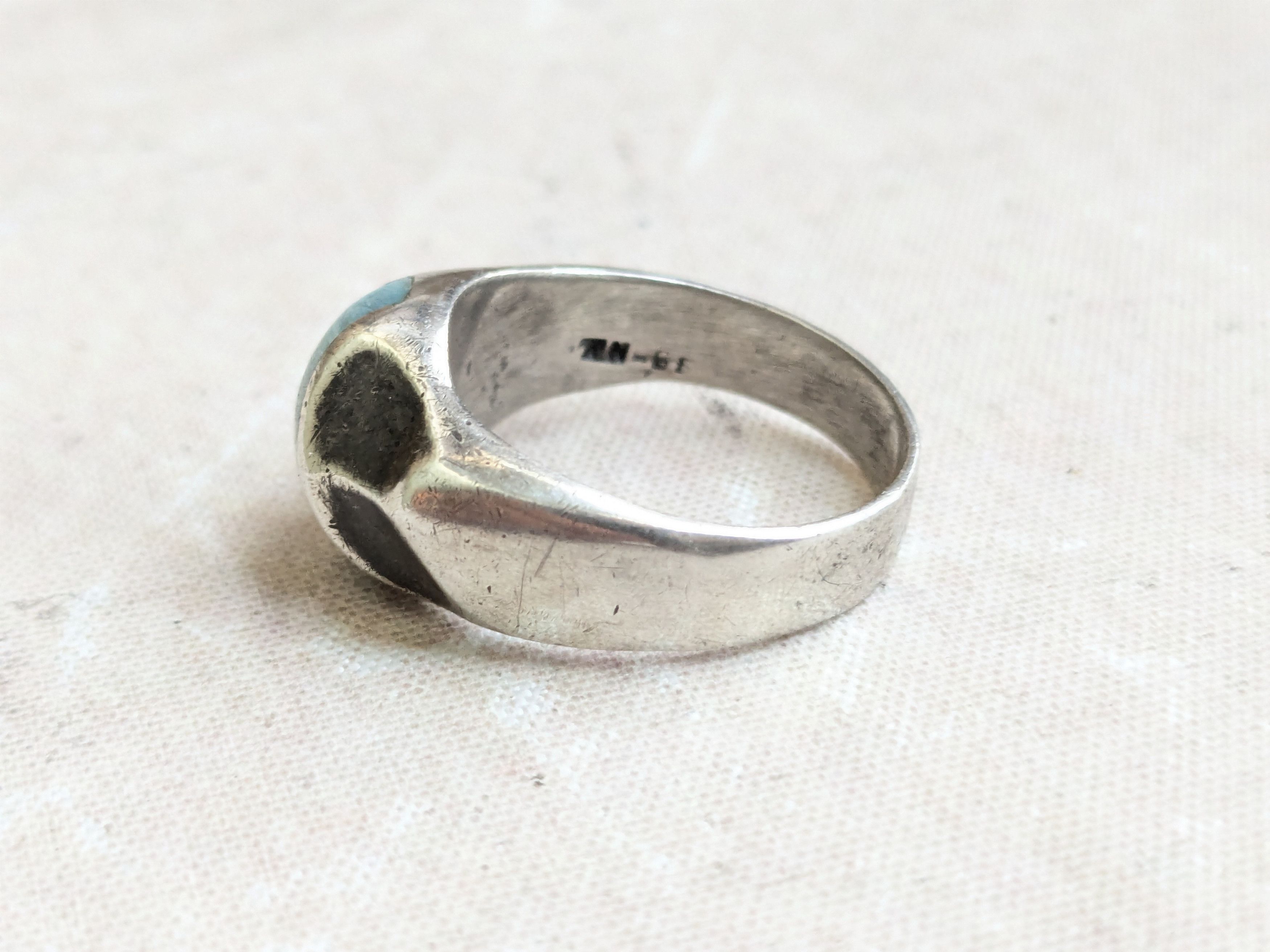 Sterling Silver Vintage Sterling Silver Ring Turquoise Taxco Inlay 12 Size ONE SIZE - 2 Thumbnail
