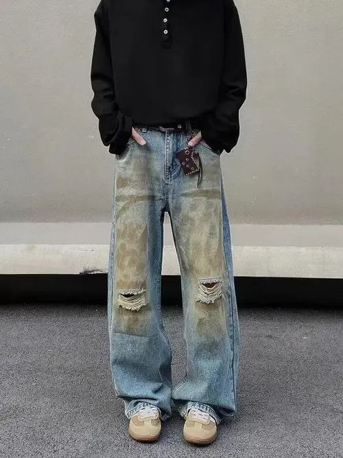 Jean Vintage dirty-dyed graffiti ripped baggy jeans Size US 34 / EU 50 - 2 Thumbnail