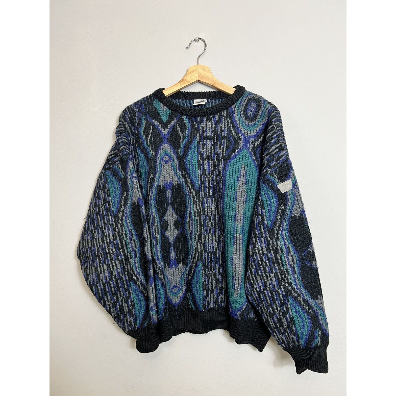 Puma × Vintage Rare Vintage 90s Adidas Puma Print Wool Knit Sweatshirt OG Size US L / EU 52-54 / 3 - 1 Thumbnail