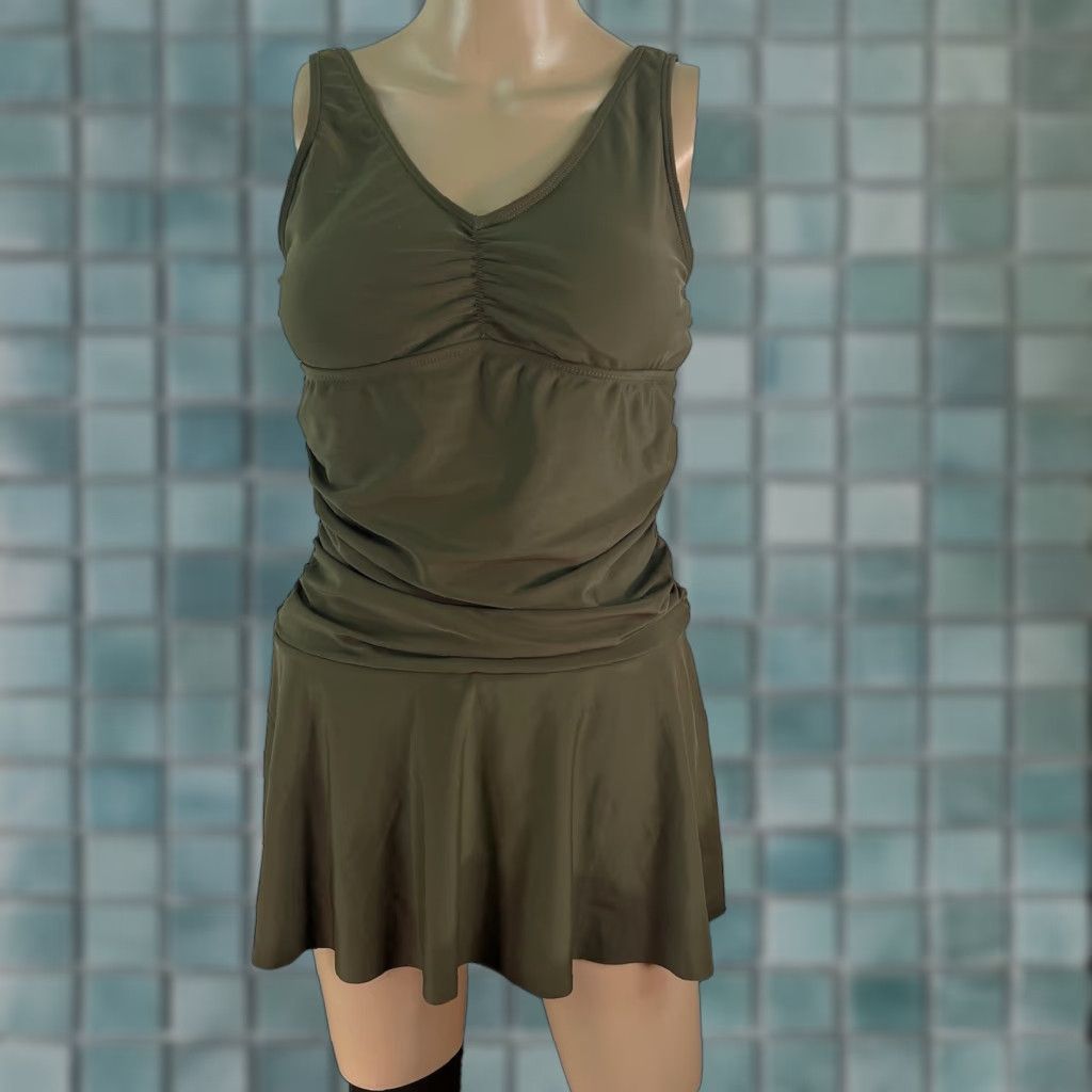 Vintage VINTAGE Tempt Me Women's One Piece Skirt Swimsuit Retro Ruched Army Green Medium Size 32" / US 10 / IT 46 - 1 Thumbnail