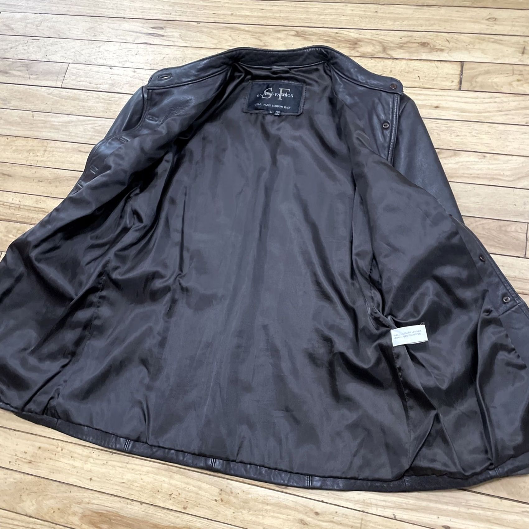 Vintage VINTAGE Suzie's Fashion Leather Jacket Women L 90s Mocha Chocolate Black Chore Coat Mock Neck Parka Size L / US 10 / IT 46 - 4 Thumbnail