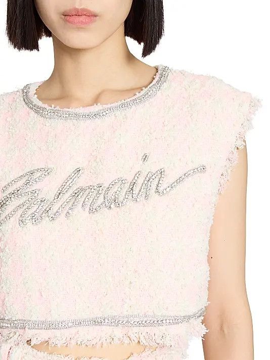 Balmain o1s1wg111225 Embellished Logo Tweed Crop Top in Beige Size XL / US 12-14 / IT 48-50 - 5 Thumbnail