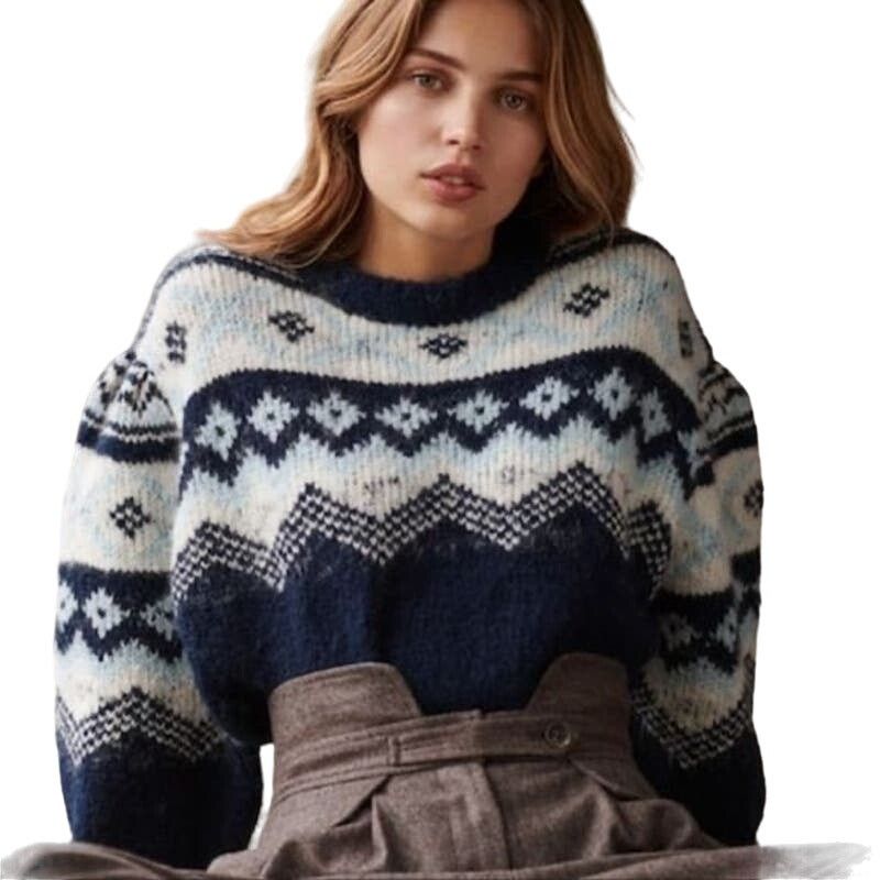 image of Sea New York Sea Blue Fair Isle Intarsia Wool Alpaca Sweater Oversized Xs, Women's