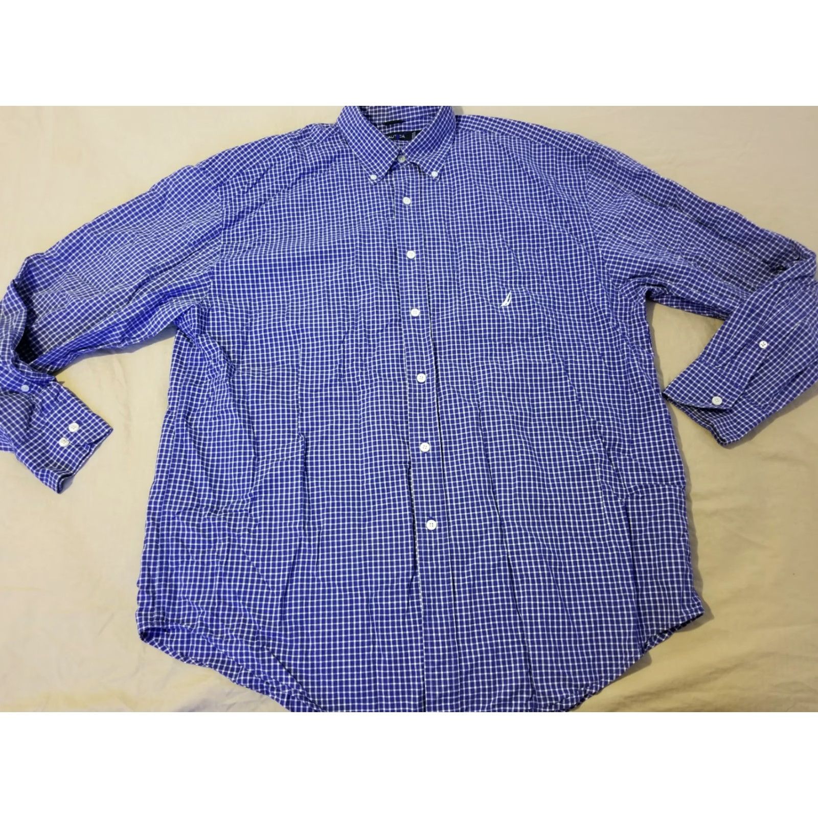 Nautica Nautica Shirt Mens Button-Up XL Navy Blue Cotton Plaid Long Sleeve Button-Down Collar Vintage? No Size 46R - 2 Thumbnail
