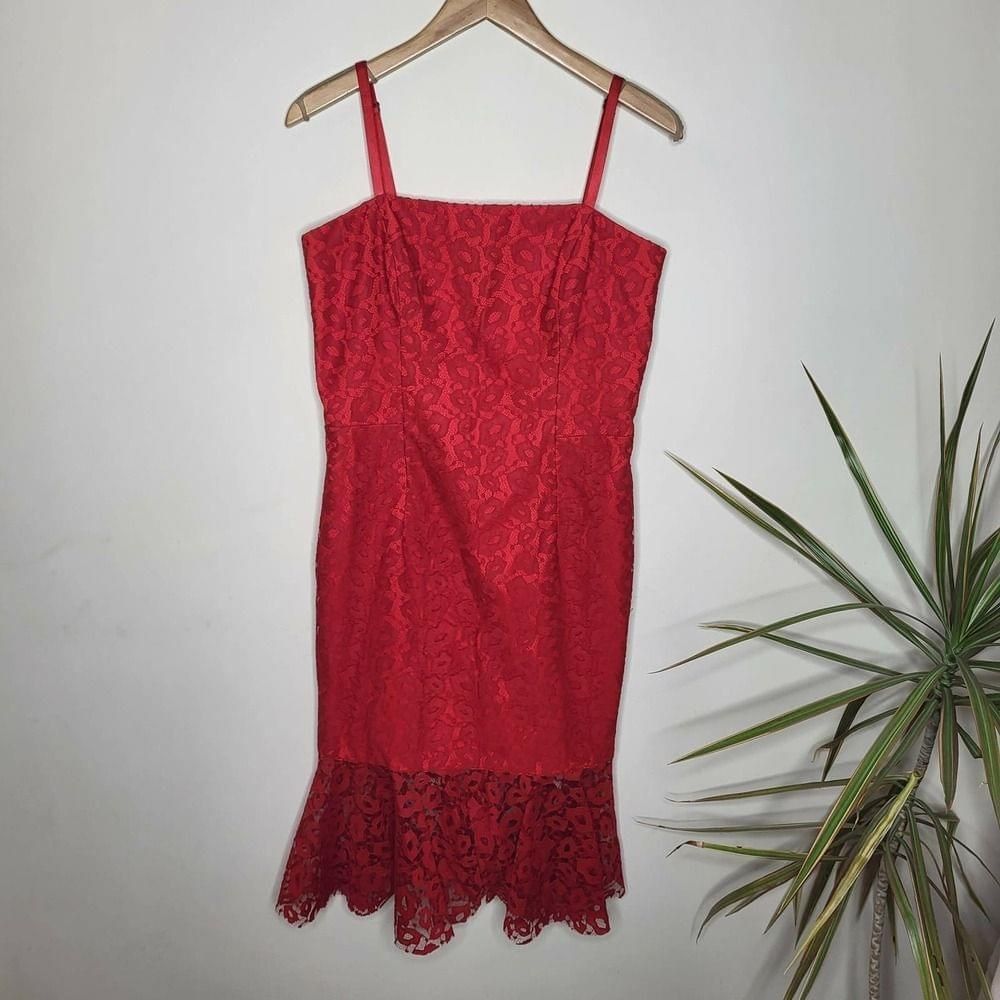 image of Milly Lace Overlay Abstract Red Ruby Flounce Dress Size 12, Women's