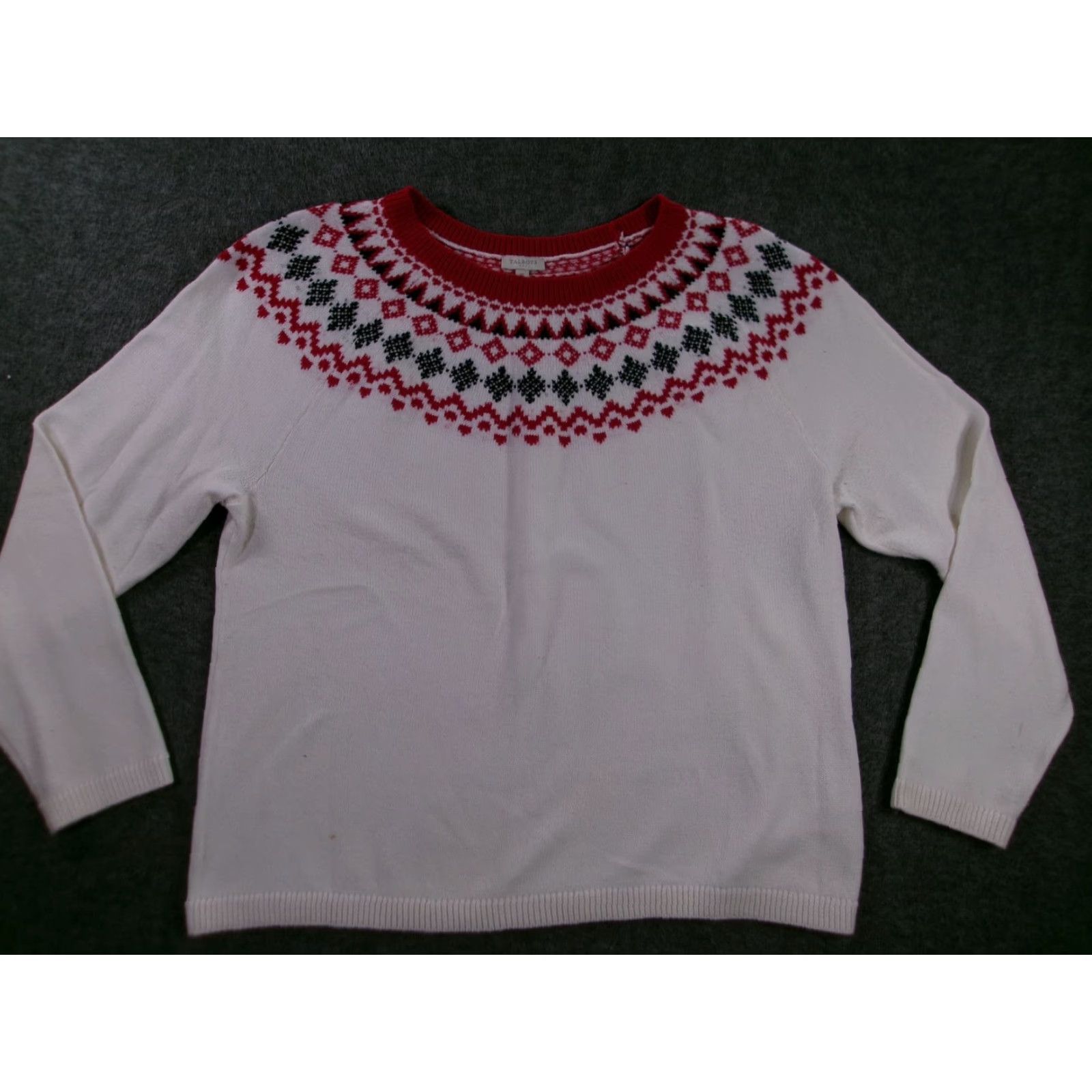 Talbots Talbots Sweater Womens XL White Fair Isle Crewneck Pullover Cotton Blend Long Sleeve Ribbed Hem Holiday Size XL / US 12-14 / IT 48-50 - 2 Thumbnail