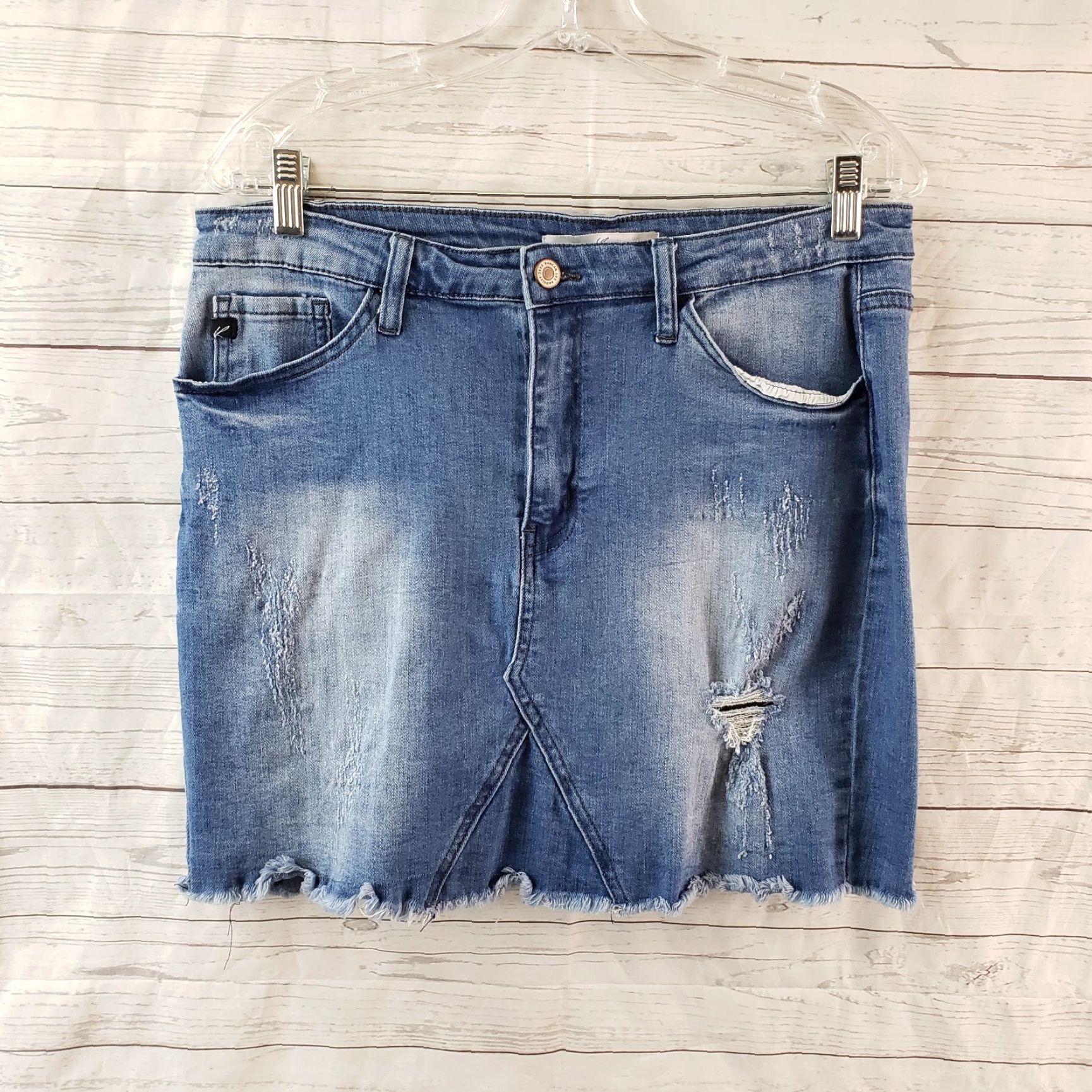 Vintage KanCan Womens Denim Pencil Skirt Sz 11/29 Blue Distressed Raw Hem Size 29" - 2 Thumbnail