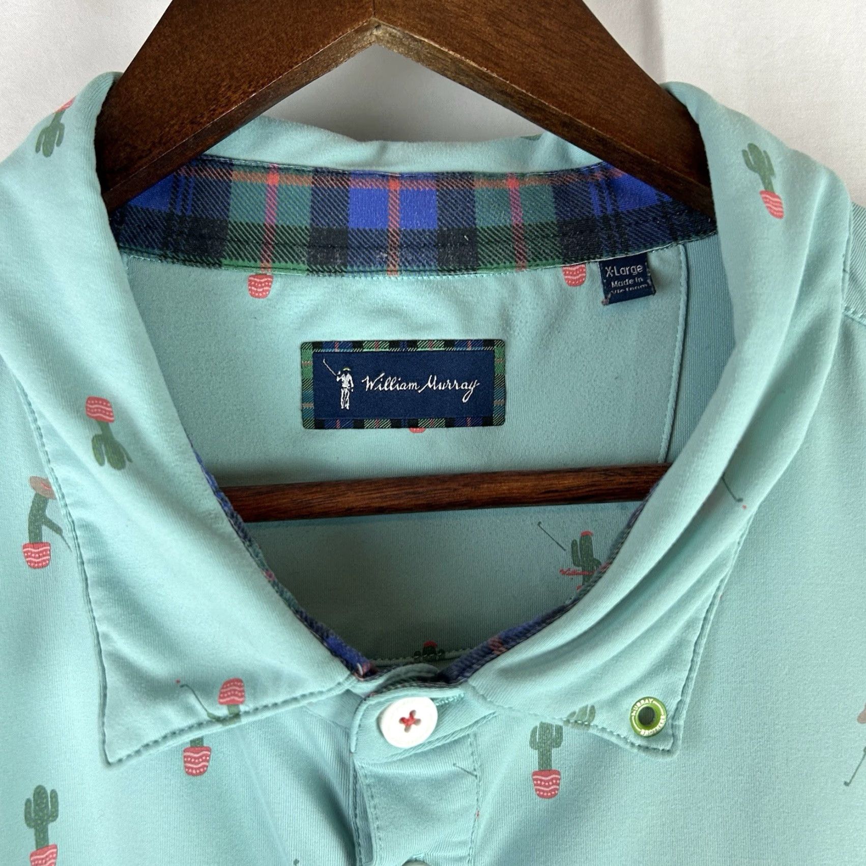 Vintage William Murray Golf Polo Shirt Men XL Mint Cactus Print Short Sleeve Button-Up Spread Collar Tropical, Breathable, Pockets, Graphic Print Size US XL / EU 56 / 4 - 3 Thumbnail