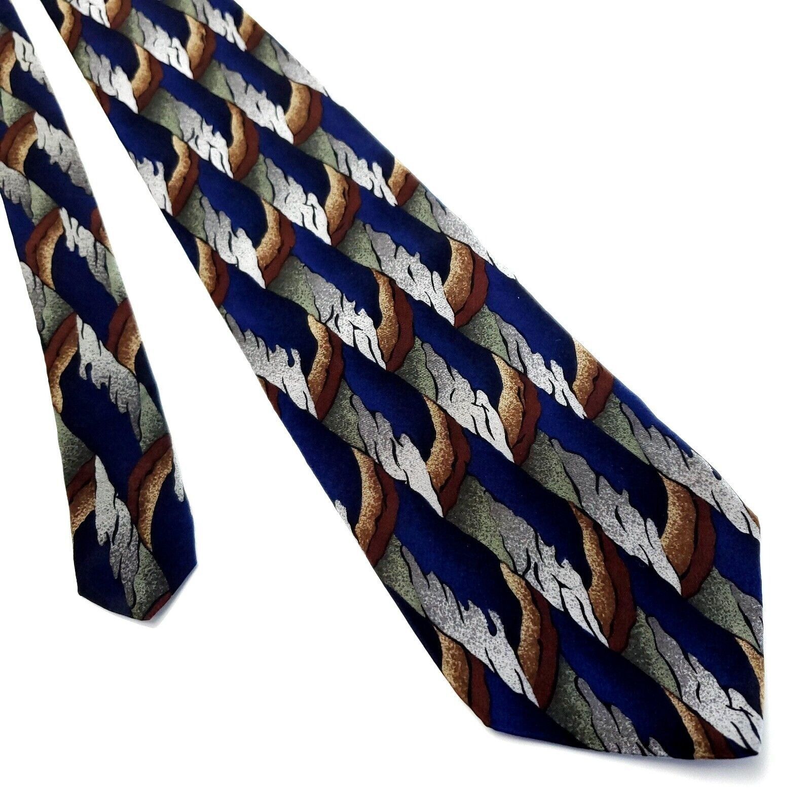 Designer Honors Silk Tie Print Blue Brown Gray Short Wide Size ONE SIZE - 1 Thumbnail