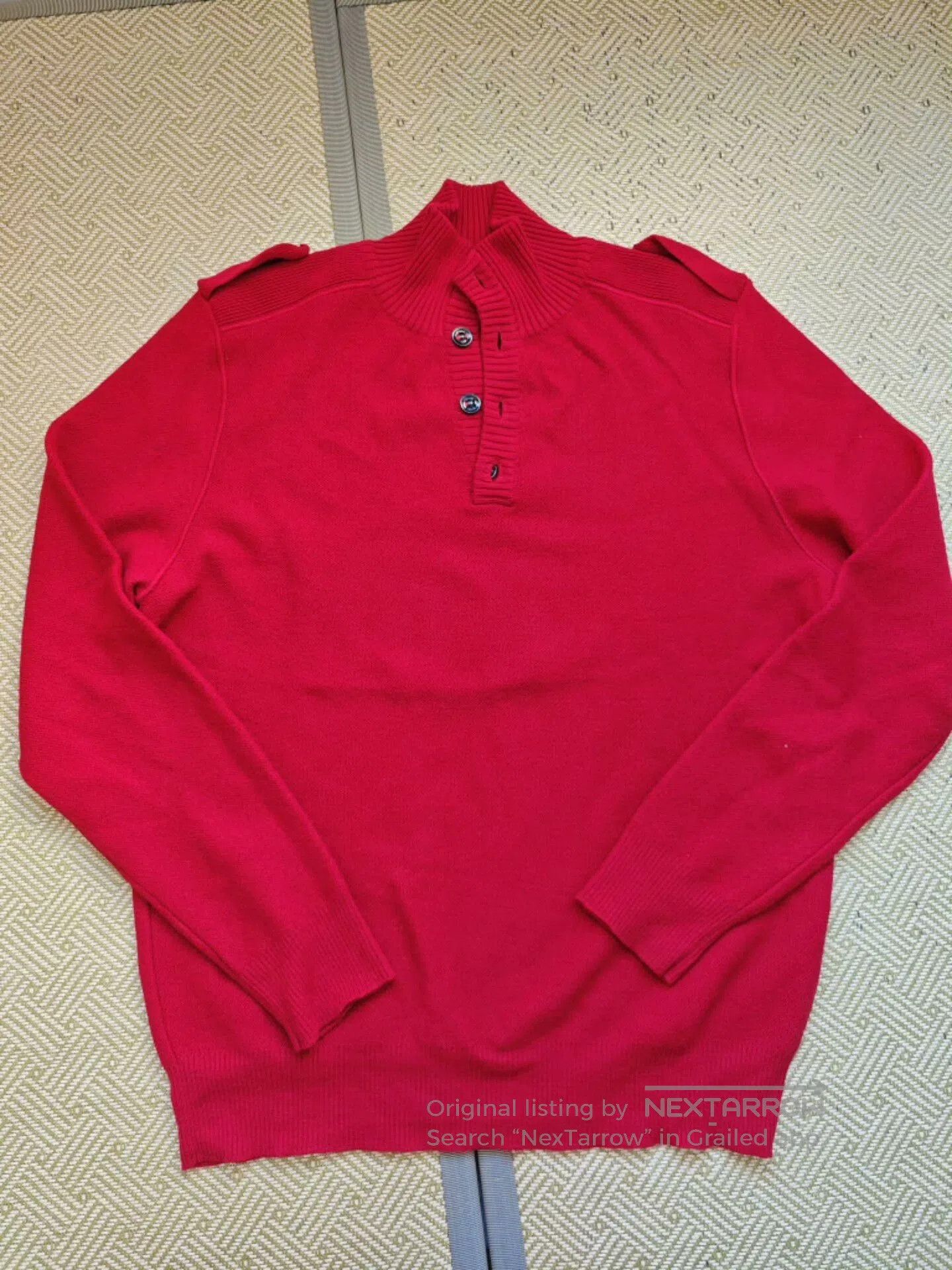 Burberry Red Military Style Wool Sweater.