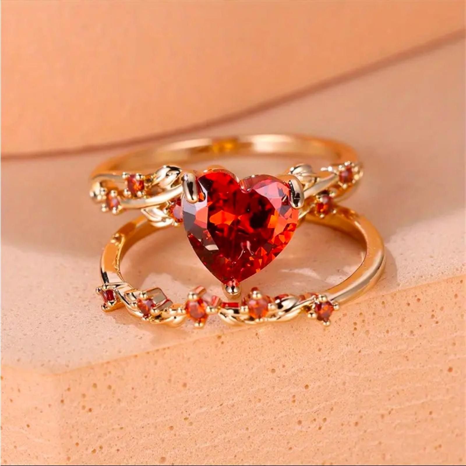 Designer Heart Cut Red Zircon Stone Gold Plated Ring Set SZ 8 Size ONE SIZE - 1 Thumbnail