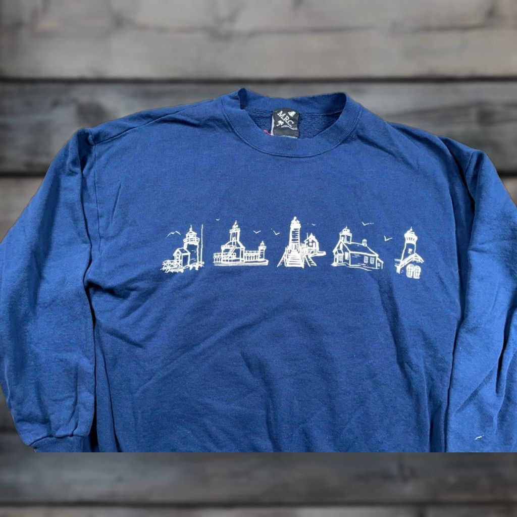 VINTAGE Michigan Rag Co. Sweatshirt Shirt 2XL Blue 50/50 Jerzees Graphic Print 90s Nautical Mens