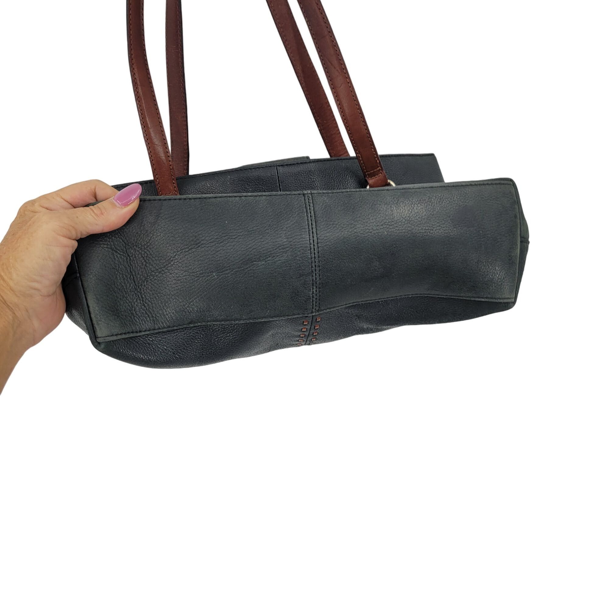 Fossil Fossil Black Genuine Leather Tote Bag Pebble Brown Embroider Size ONE SIZE - 7 Thumbnail