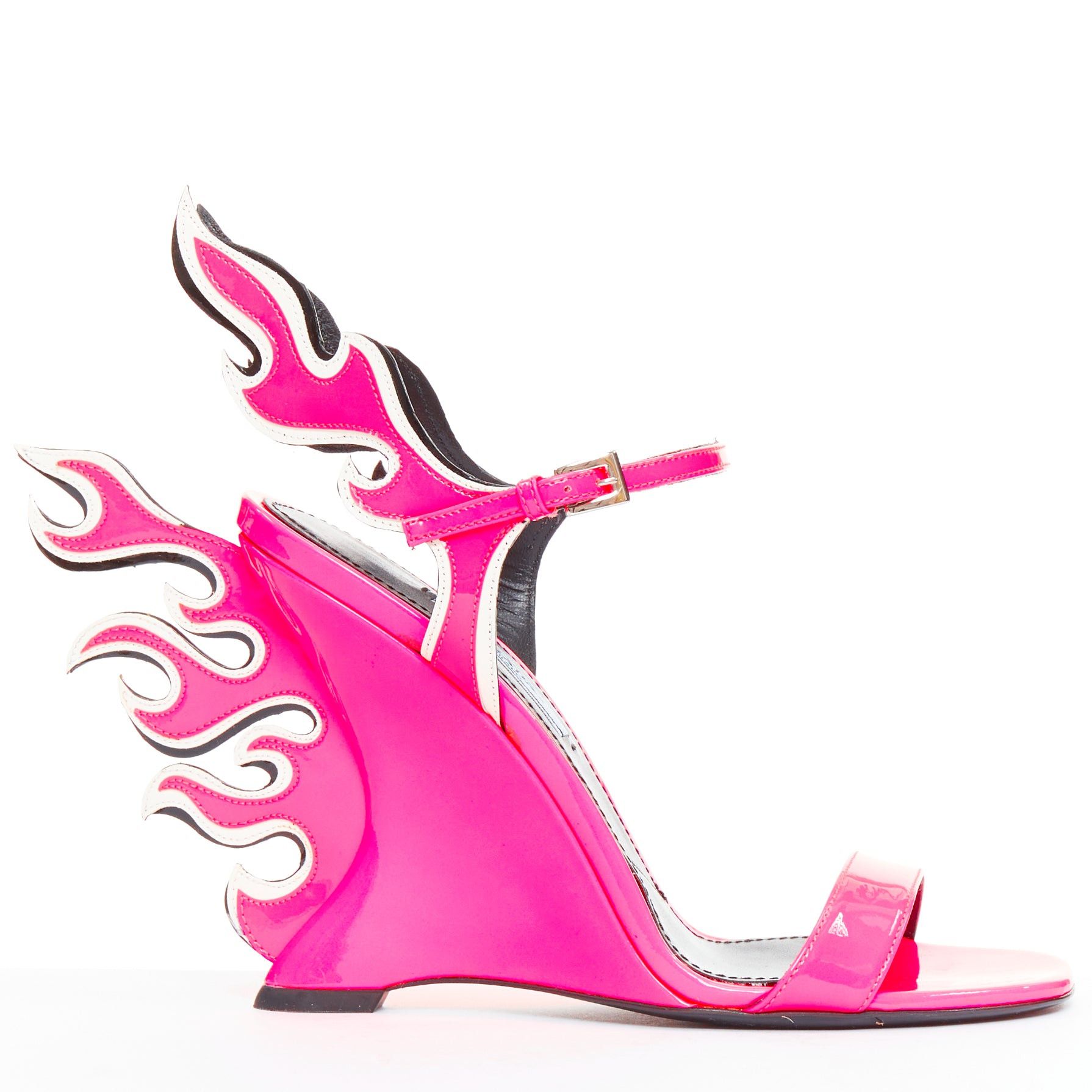 rare PRADA 2018 Flame Wedge neon pink patent Fire heel sandal EU37