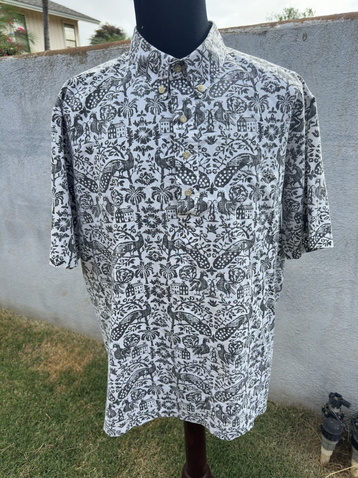 Reyn Spooner Hawaiian Print White/Black 3/4 Button Men's XXL