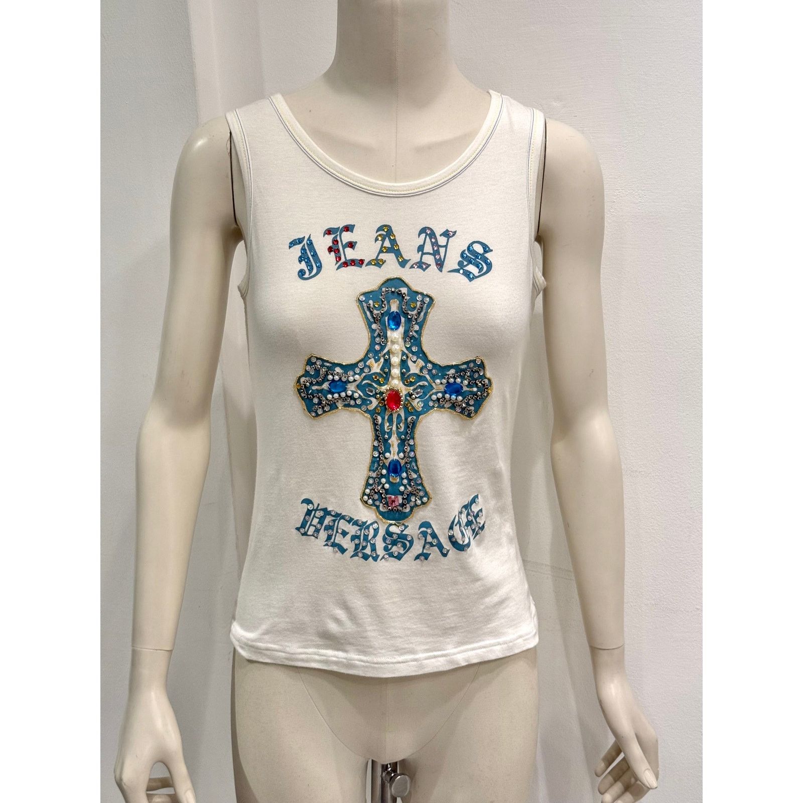 Versace 2000s Versace embellished stones cross tank top Size L / US 10 / IT 46 - 2 Thumbnail