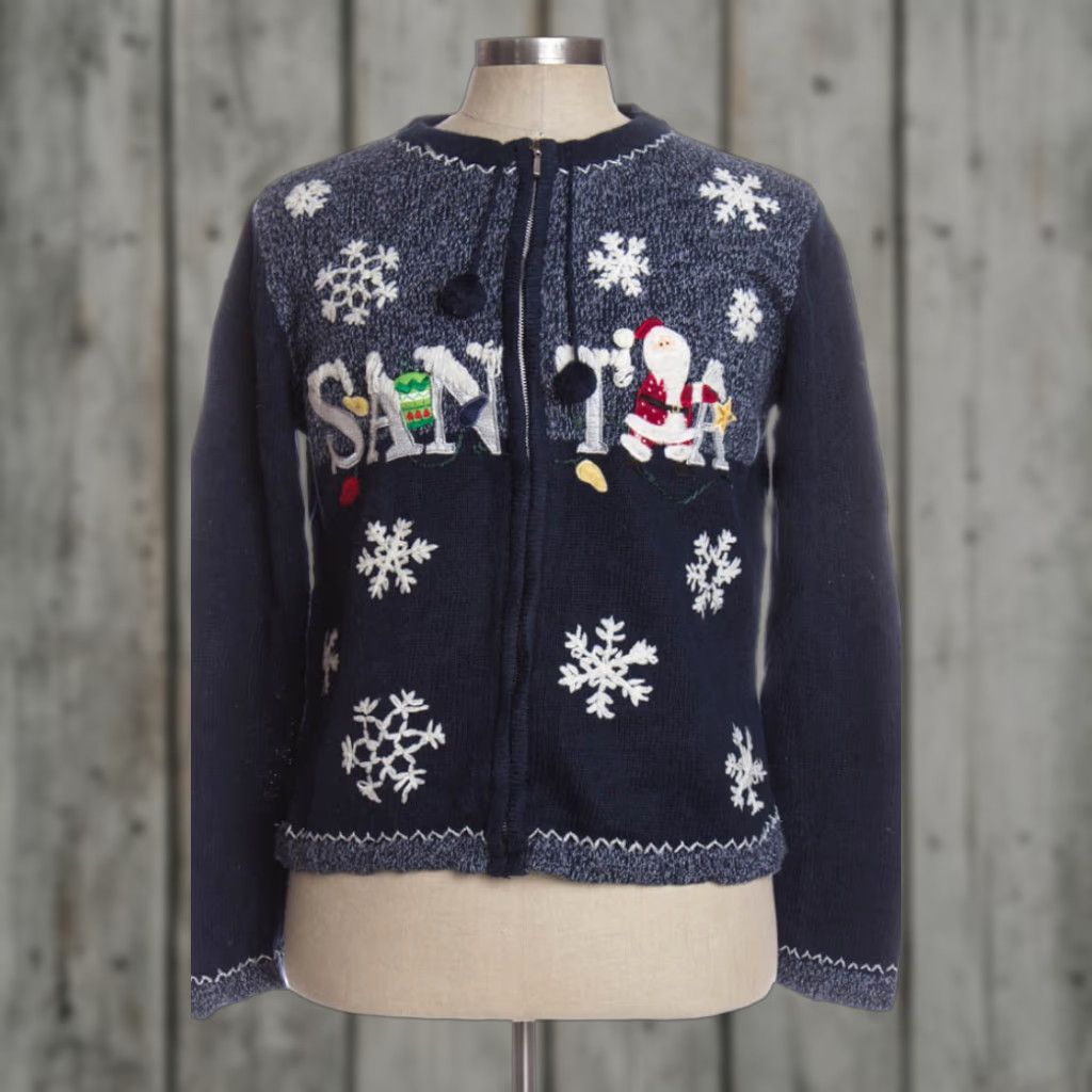 Vintage VINTAGE All Points Blue Ugly Christmas Cardigan L Mens Womens XL Cardigan Santa 44” Bust 23” Ramie Cotton Christmas Holiday Woolless Holiday Knit син Size L / US 10 / IT 46 - 1 Preview