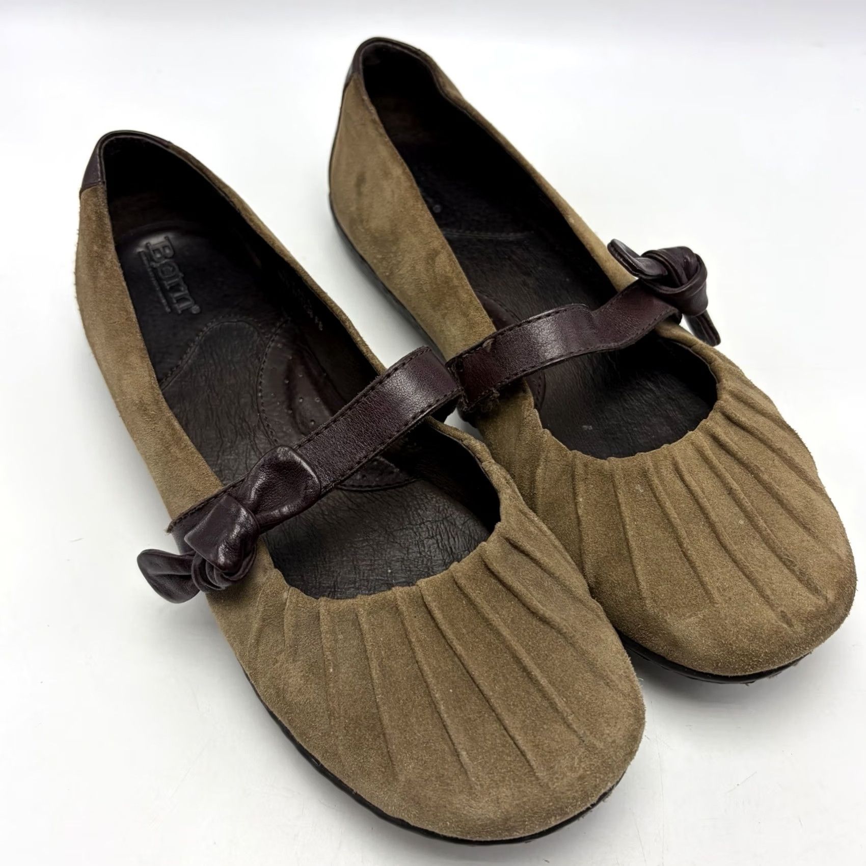 Born Born Womens 9 Brown Leather Mary Jane Flats Ruched Bow Strap Slip On Loafer Size US 7 / IT 37 - 2 Thumbnail