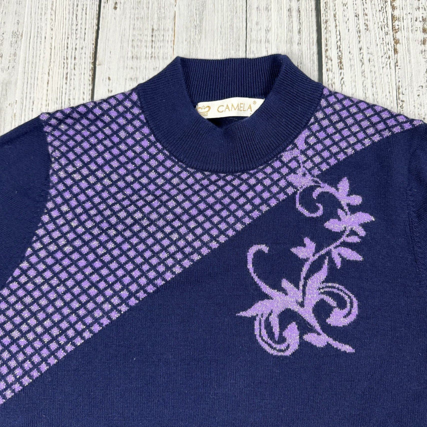Camel VTG CAMELA 80S MOCK NECK SWEATER METALLIC NAVY PURPLE PULLOVER Size M / US 6-8 / IT 42-44 - 2 Thumbnail