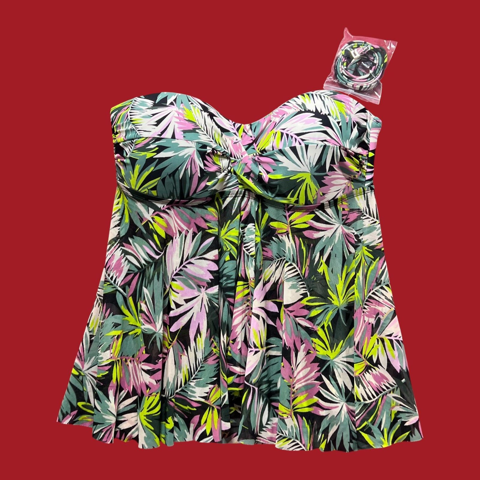 Other Kona Sol -Women's Tropical Leaf Print Flyaway Bandeau Tankin Size ONE SIZE - 3 Thumbnail