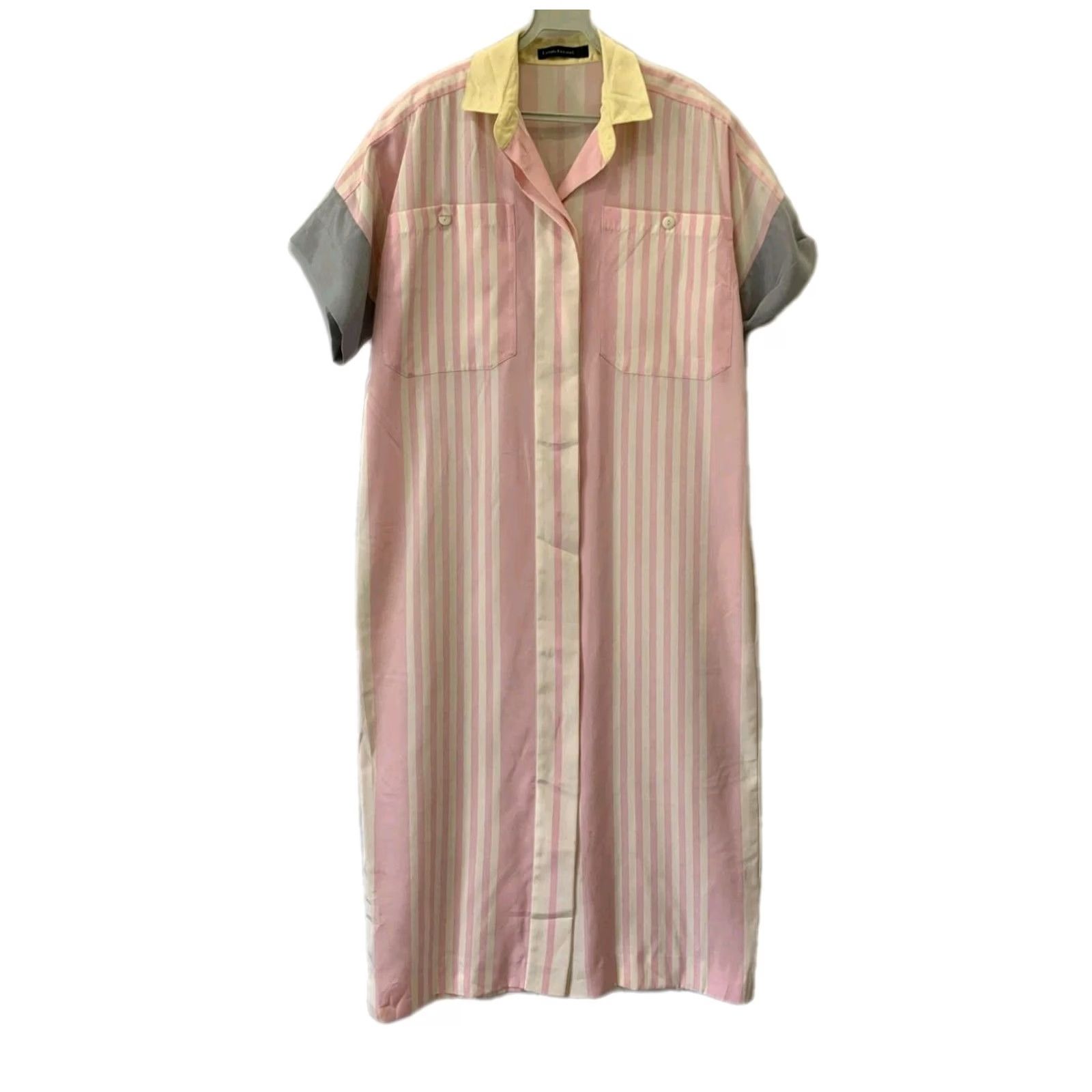 Louis Feraud VINTAGE Louis Feraud Shirt Dress Pink Cream Grey Midi US 4 Womens 1980s 1990s Striped Pattern Size S / US 4 / IT 40 - 2 Thumbnail