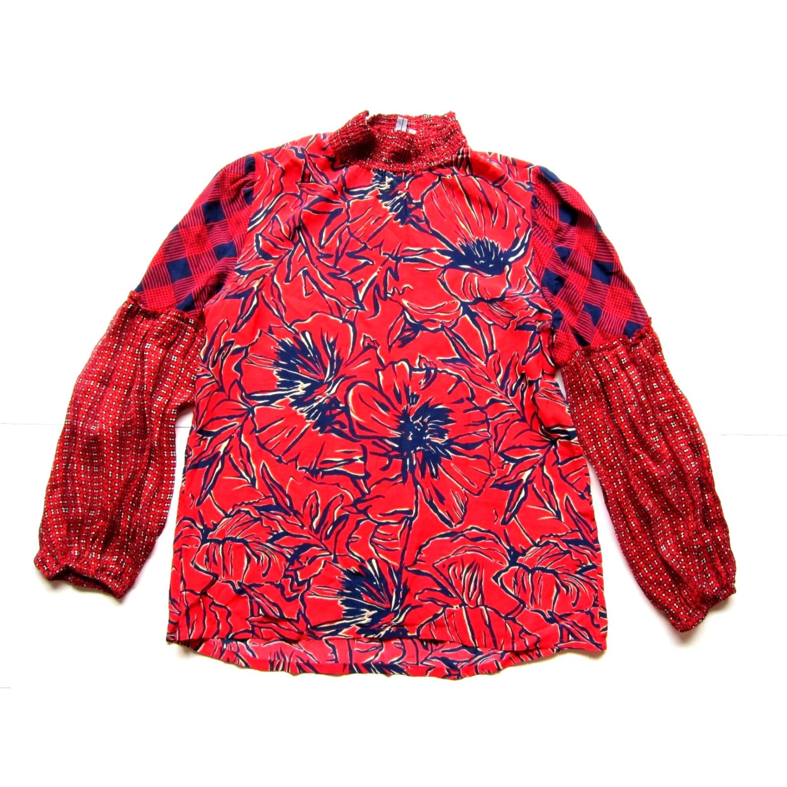 Anthropologie Blank London Anthropologie Red Floral Rayon Mock Neck Long Sleeve Blouse Small Size S / US 4 / IT 40 - 2 Thumbnail