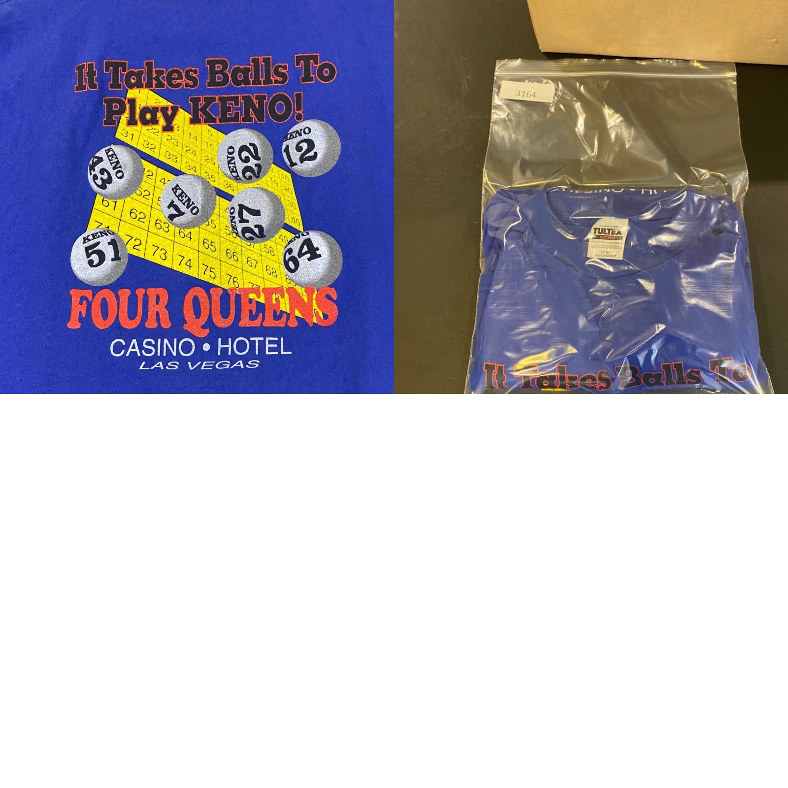 Tultex VINTAGE Four Queens Hotel Casino Shirt Men L Blue "Balls to Play Keno" Vegas Mens Large Cotton Tee 90s Logo Holiday? Size US L / EU 52-54 / 3 - 8 Thumbnail