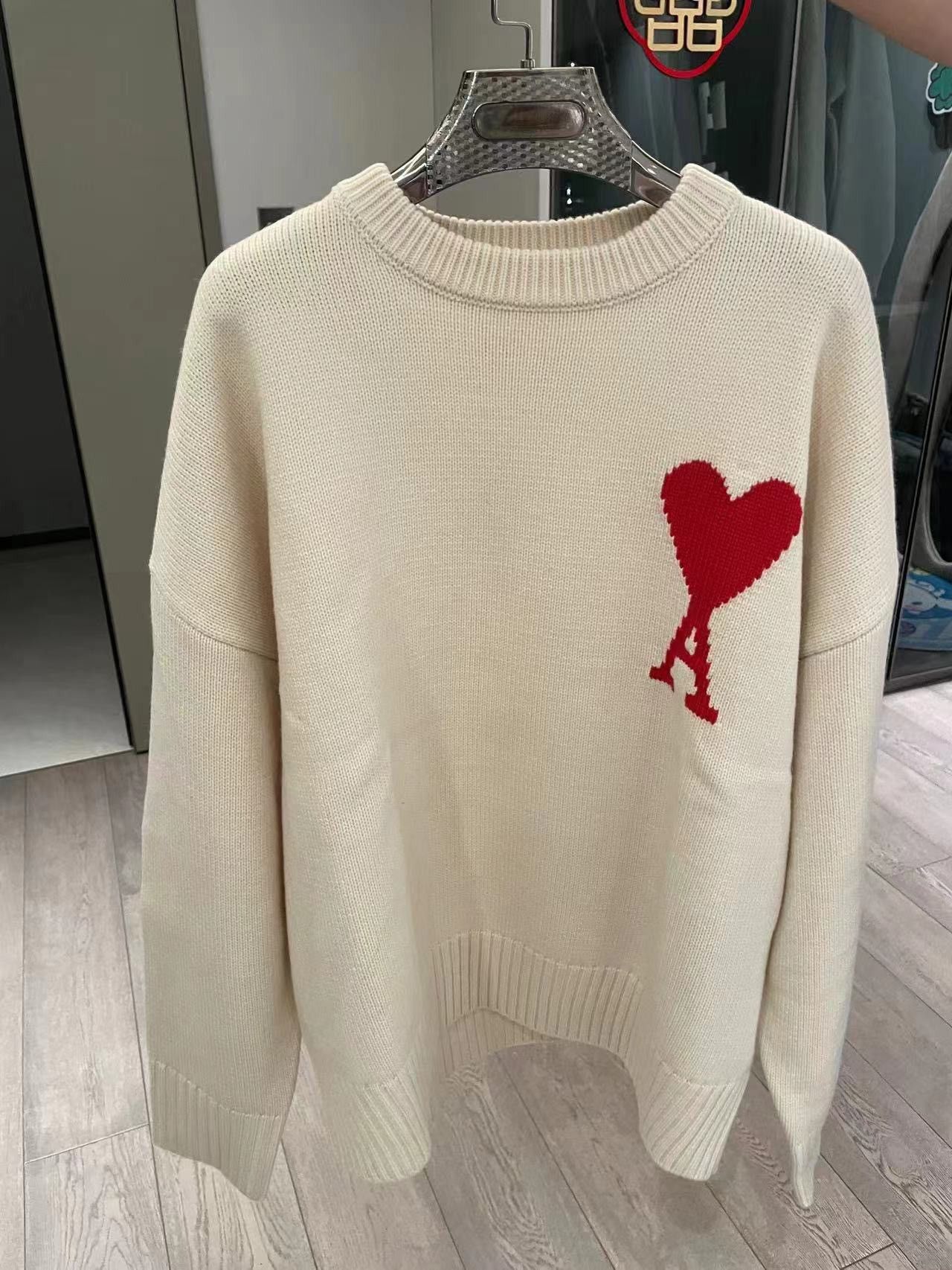 image of Ami Embroidered White Sweater, Men's (Size Large)