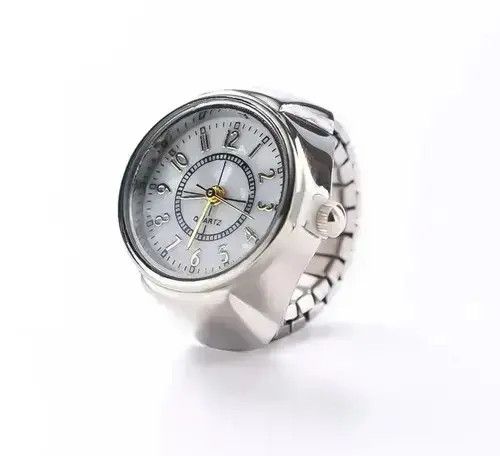 Jewelry Mini Elastic Strap Watch Adjustable Ring in Silver, Men's