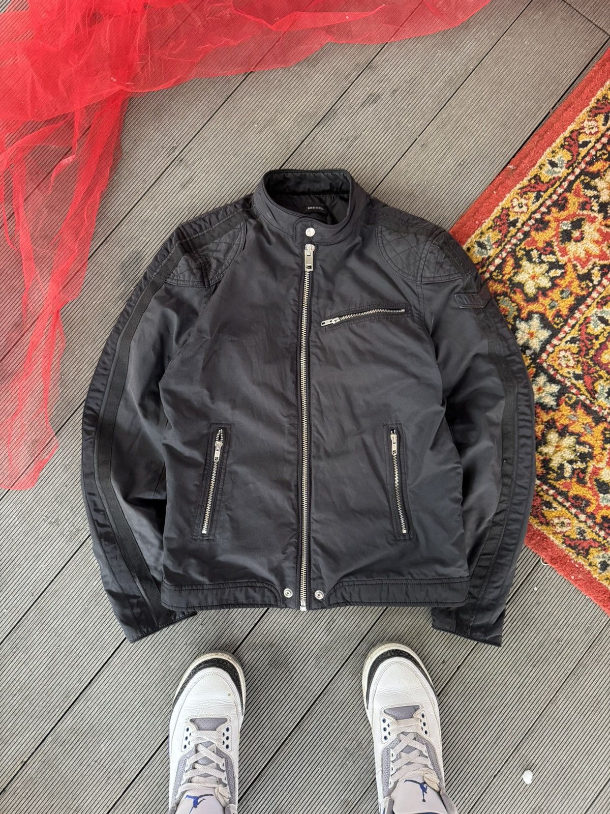 Rare Diesel Black Biker Jacket Zip Pockets Vintage