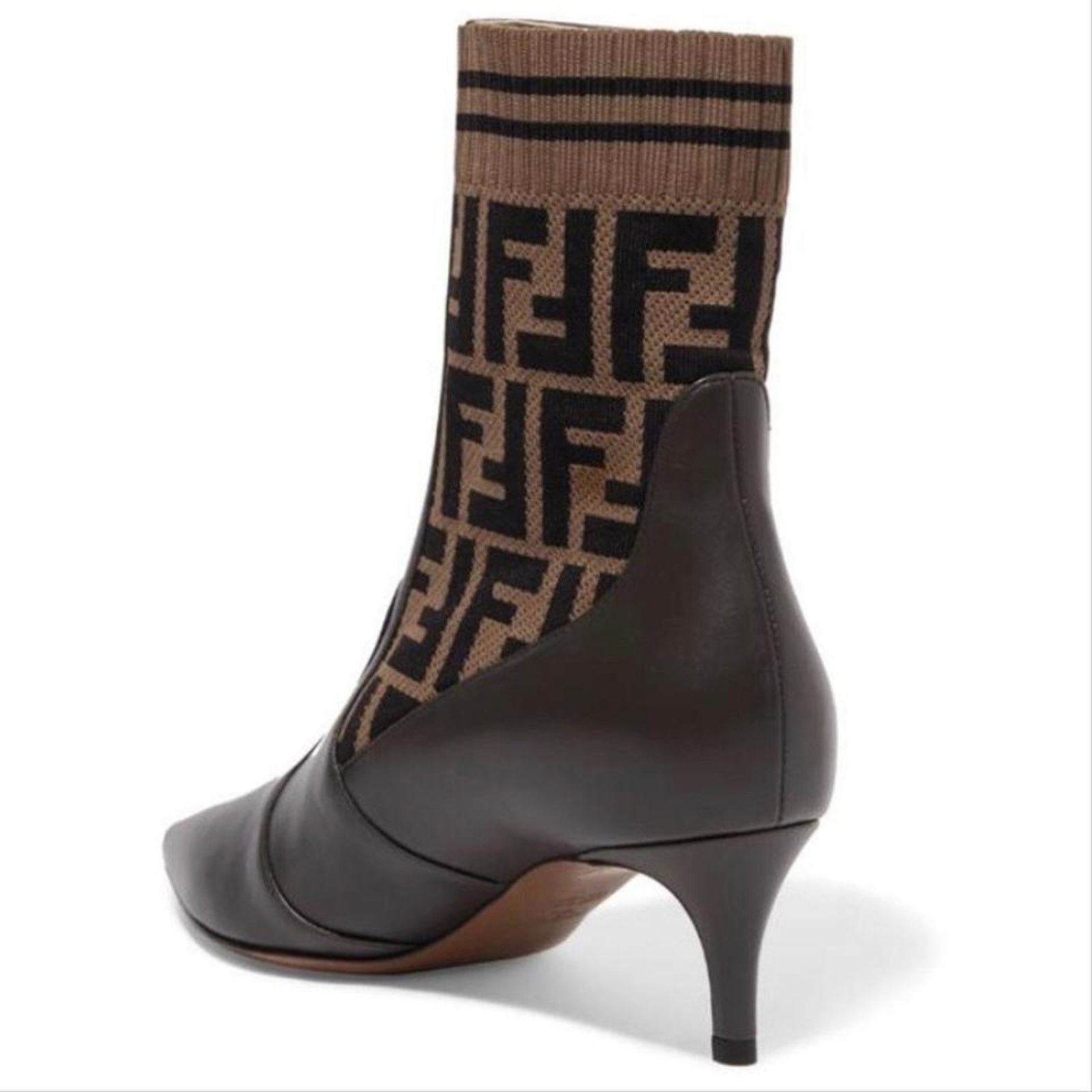 Fendi Rockoko FF logo stretch knit leather heeled ankle boots Size US 7 / IT 37 - 4 Thumbnail