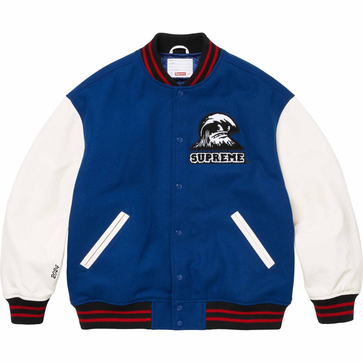 image of Supreme Wave Varsity Jacket In Blue Size XL Wool Blend, Men's