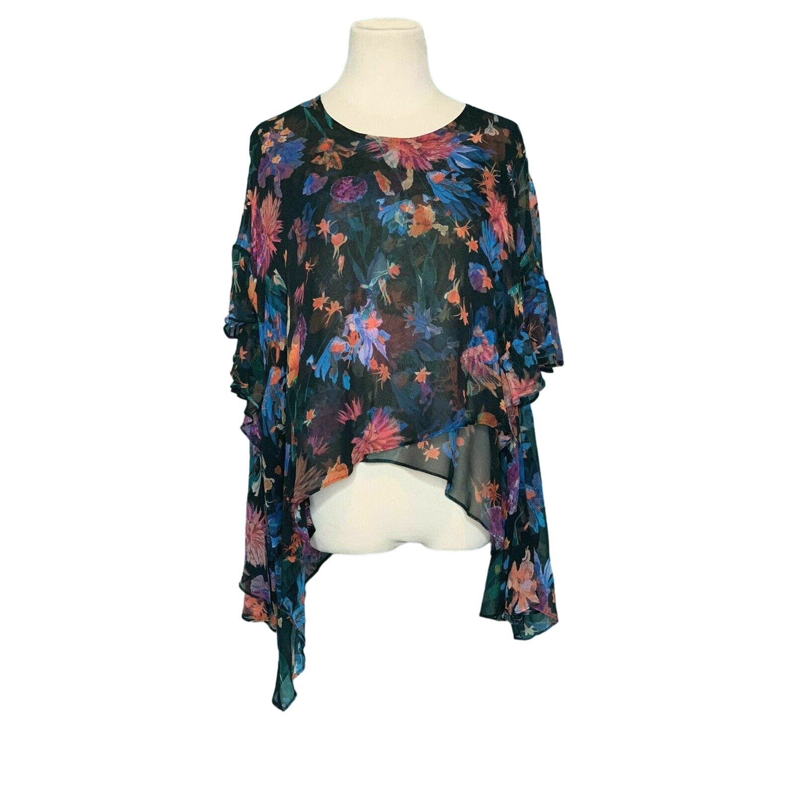 image of Iro Floral Ruffled Asymmetrical Tunic Blouse Top 40 - Medium in Black, Women's