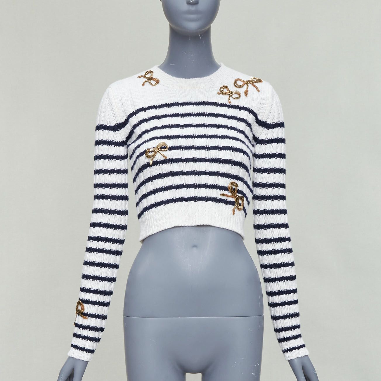 Valentino VALENTINO 2023 cream virgin wool gold sequin ribbon striped crop sweater XS Size S / US 4 / IT 40 - 1 Thumbnail