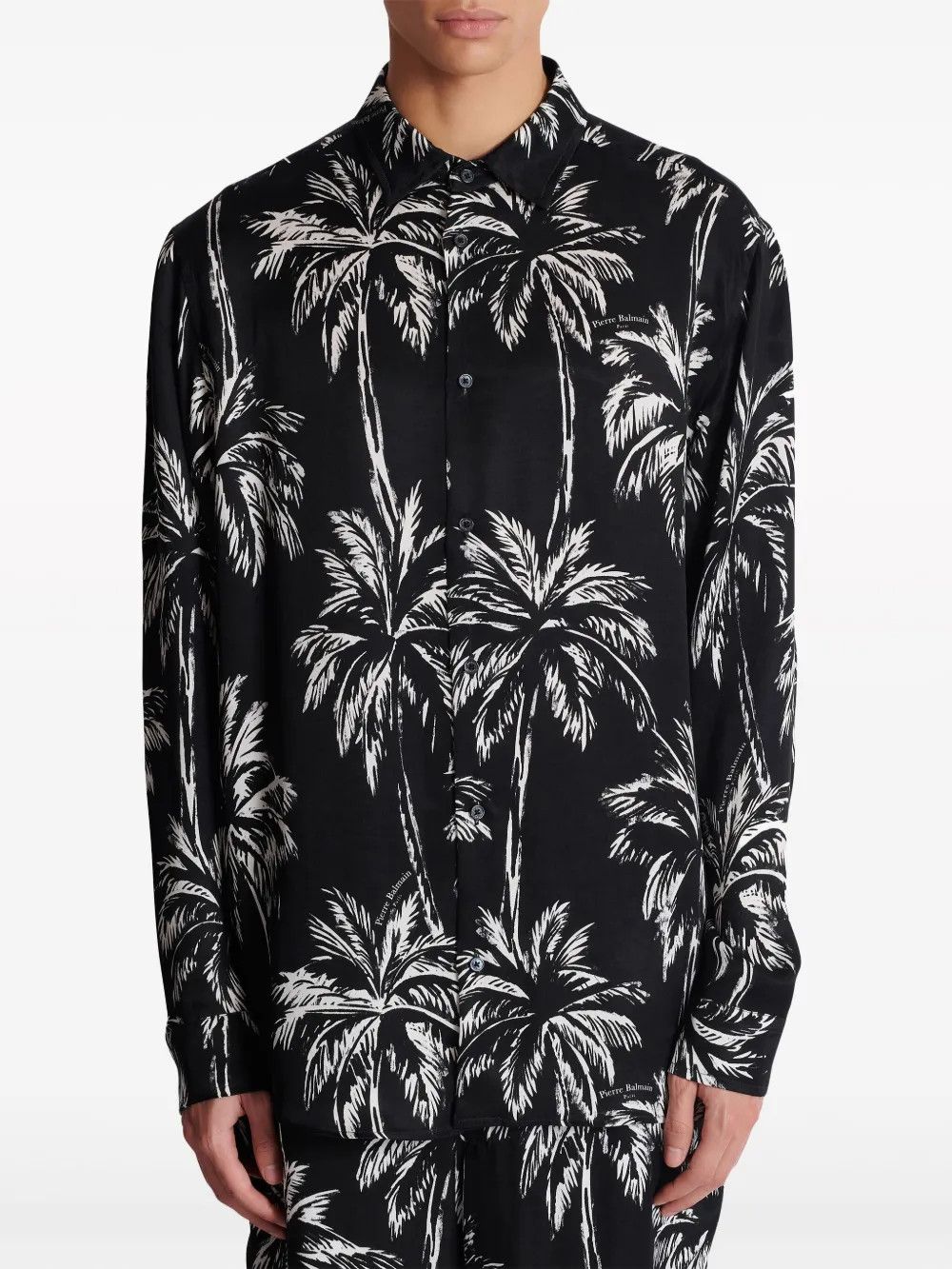Balmain o1s1wg110925 Plam Tree Print Satin Shirt in Black/White Size US L / EU 52-54 / 3 - 5 Thumbnail