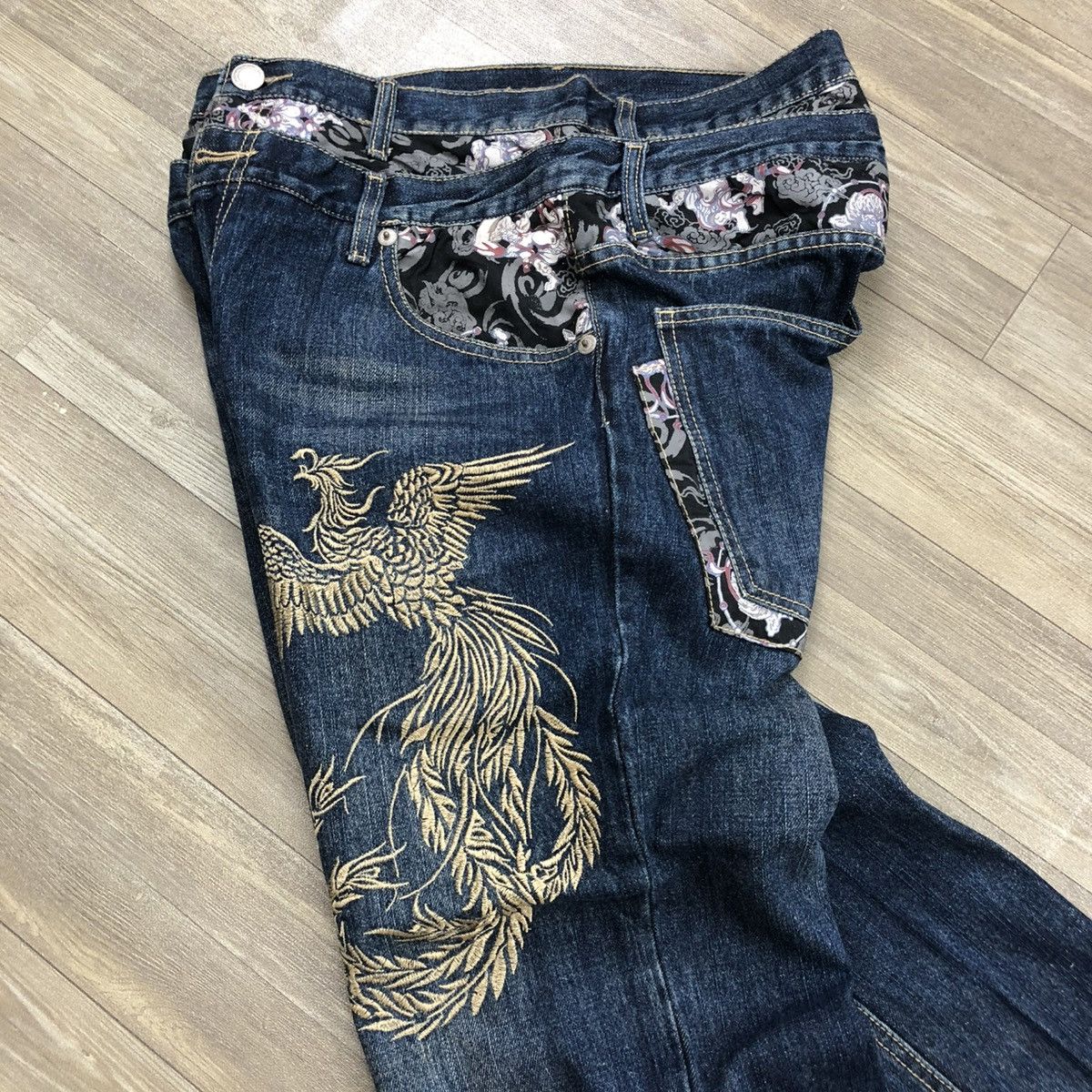 Ed Hardy 2000s Japanese Brand Double Waist Phoenixs Embroidered Jeans Size US 32 / EU 48 - 14 Thumbnail