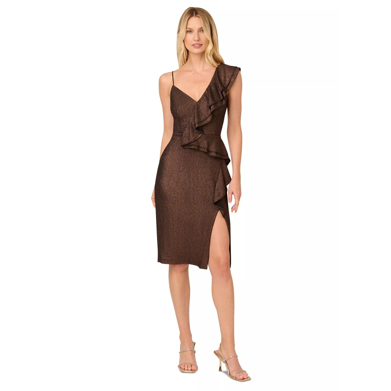 Adrianna Papell Adrianna Papell Women's Brown Metallic Ruffled V-Neck 10 Size L / US 10 / IT 46 - 1 Thumbnail