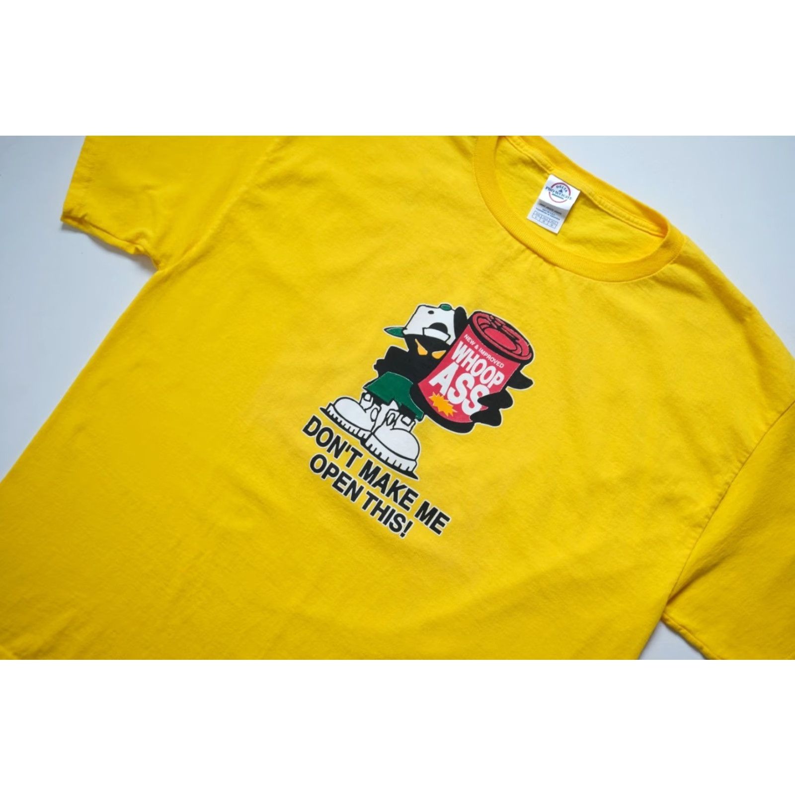Delta VINTAGE 90s DELTA Graphic T-Shirt Funny Open A Can Of Whoop Yellow L Mens Short Sleeve Crew Neck Size US L / EU 52-54 / 3 - 5 Thumbnail