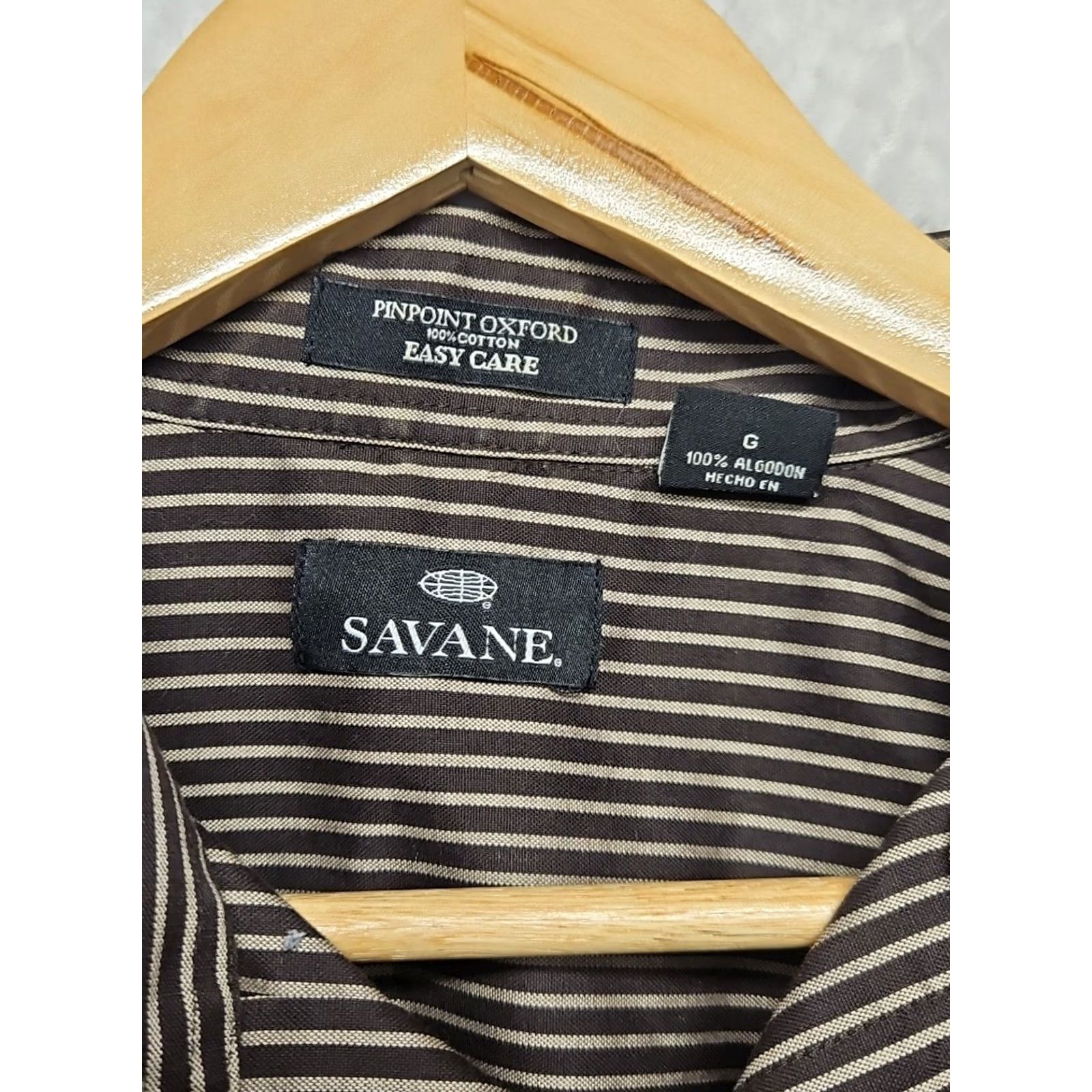Savane Savane Pinpoint Oxford Shirt Men’s Large Brown Stripe 100% Cotton Easy Care Size US L / EU 52-54 / 3 - 5 Thumbnail